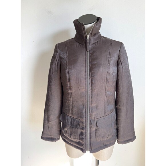 Chicos Women’s Brown Metallic Jacket Full Zip Faux Fur Neck Size Small 0 - Picture 1 of 11